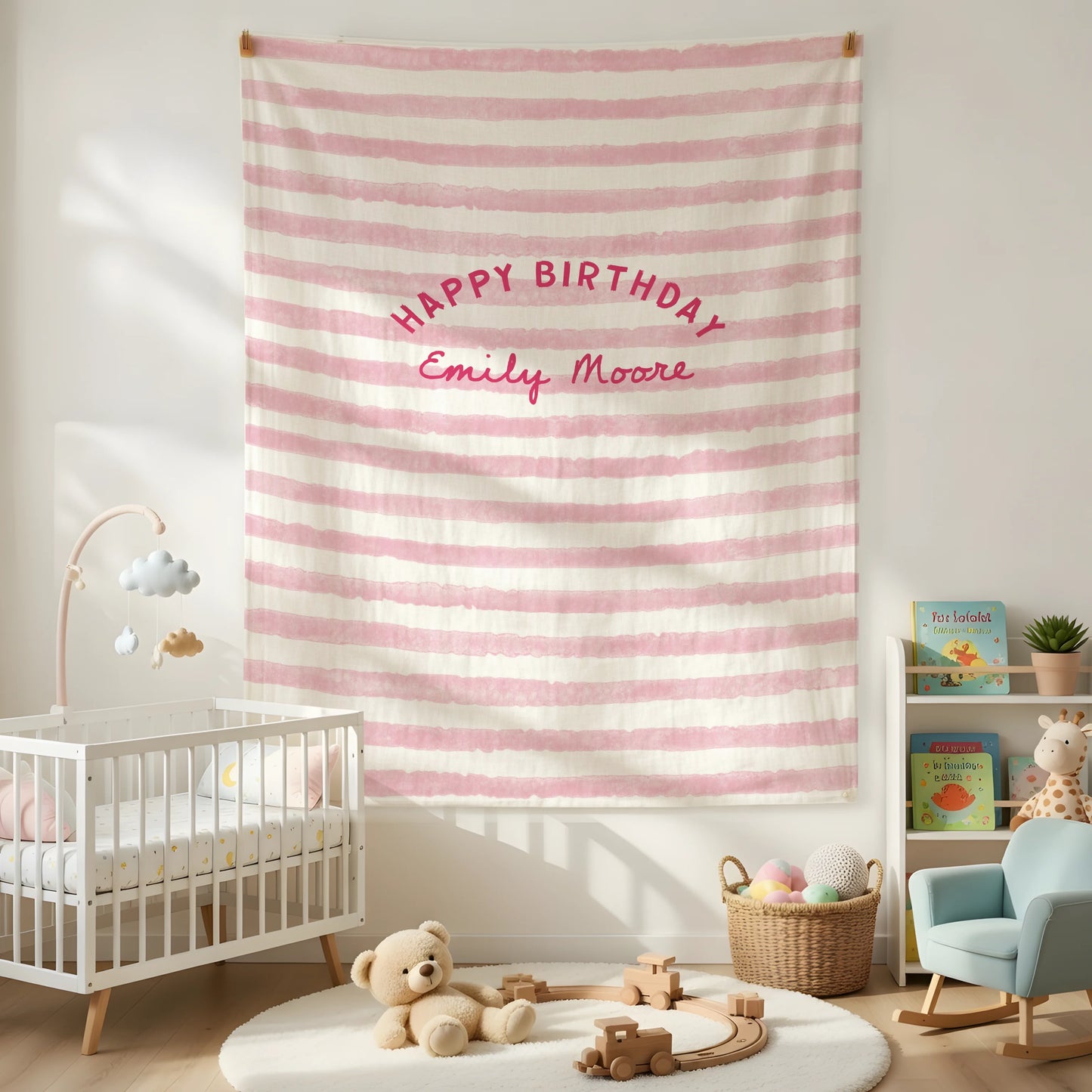 Minimalist Pink Birthday Tapestry Banner Personalized Custom Name Birthday Backdrop Party Decor