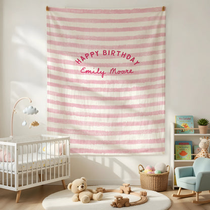 Minimalist Pink Birthday Tapestry Banner Personalized Custom Name Birthday Backdrop Party Decor