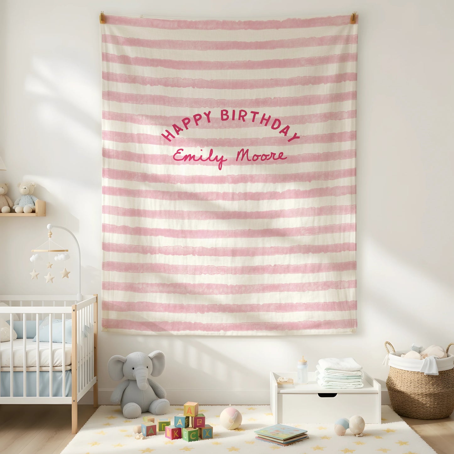 Minimalist Pink Birthday Tapestry Banner Personalized Custom Name Birthday Backdrop Party Decor