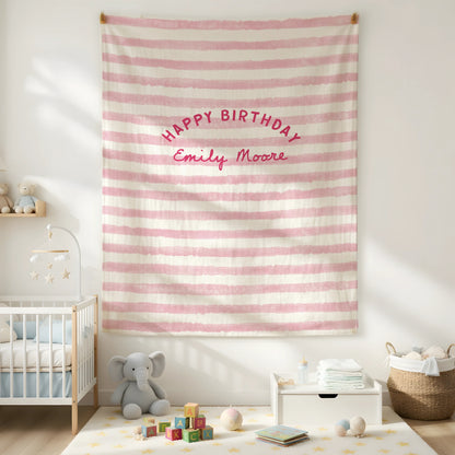 Minimalist Pink Birthday Tapestry Banner Personalized Custom Name Birthday Backdrop Party Decor