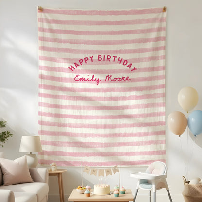 Minimalist Pink Birthday Tapestry Banner Personalized Custom Name Birthday Backdrop Party Decor