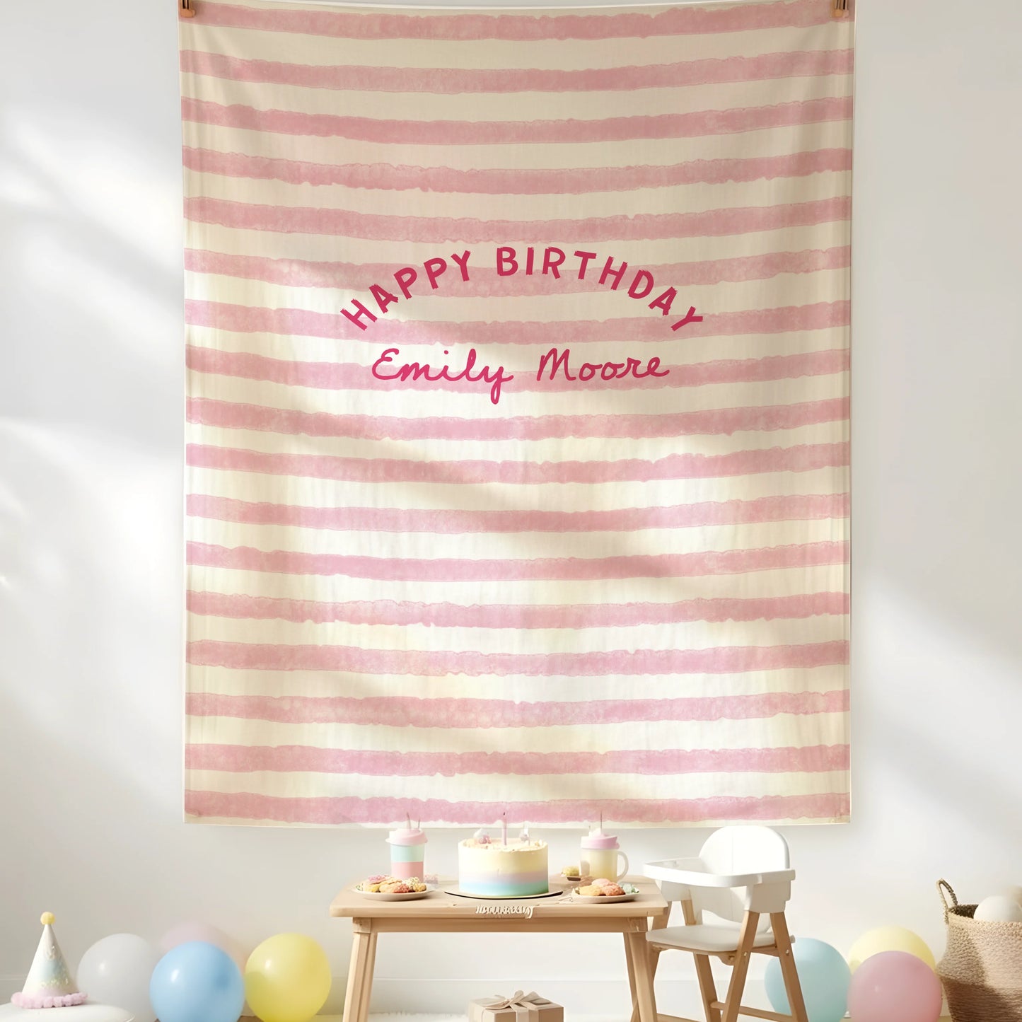 Minimalist Pink Birthday Tapestry Banner Personalized Custom Name Birthday Backdrop Party Decor