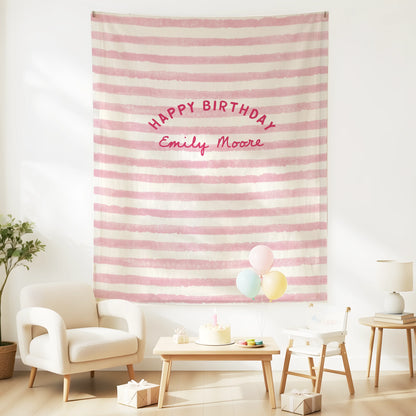 Minimalist Pink Birthday Tapestry Banner Personalized Custom Name Birthday Backdrop Party Decor