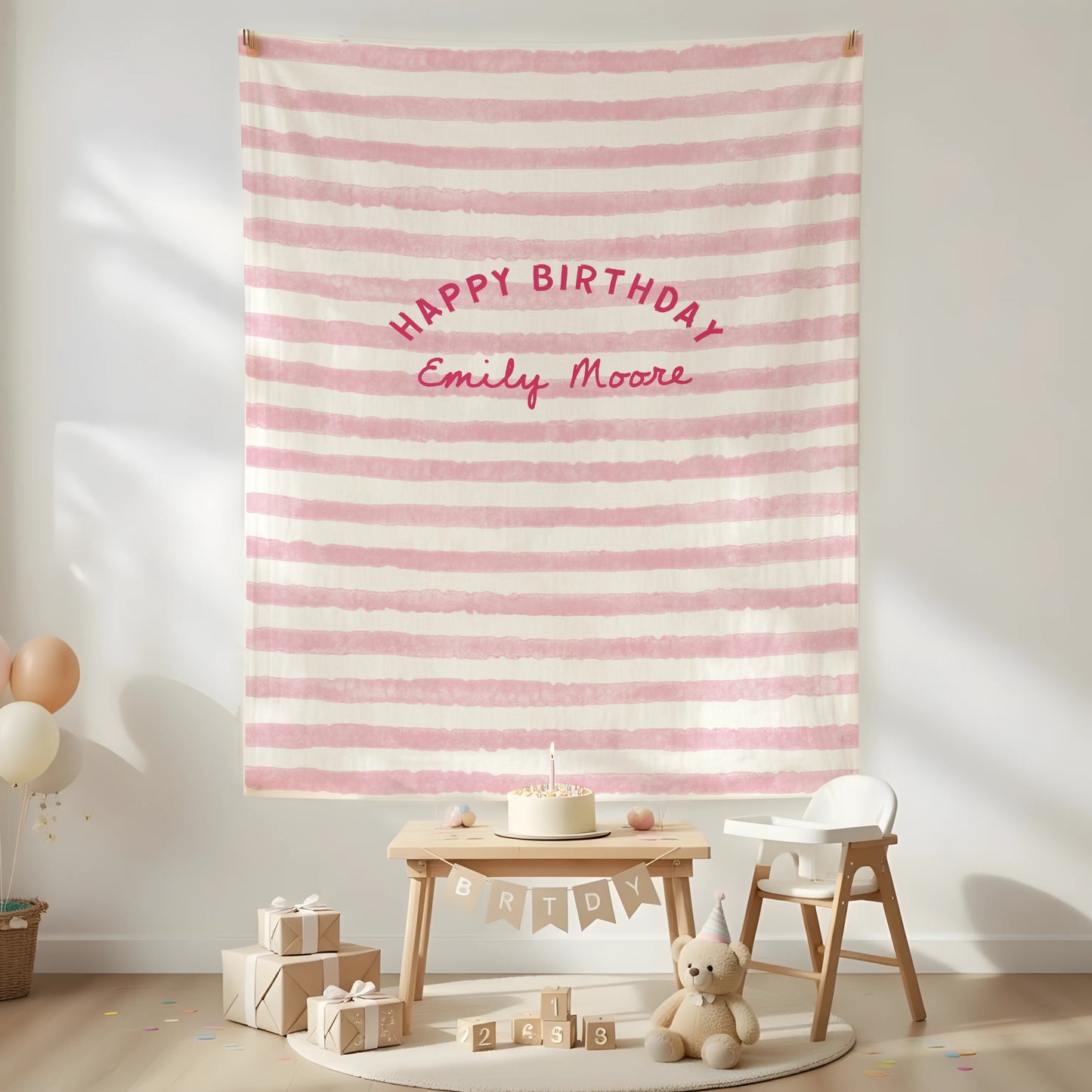 Minimalist Pink Birthday Tapestry Banner Personalized Custom Name Birthday Backdrop Party Decor