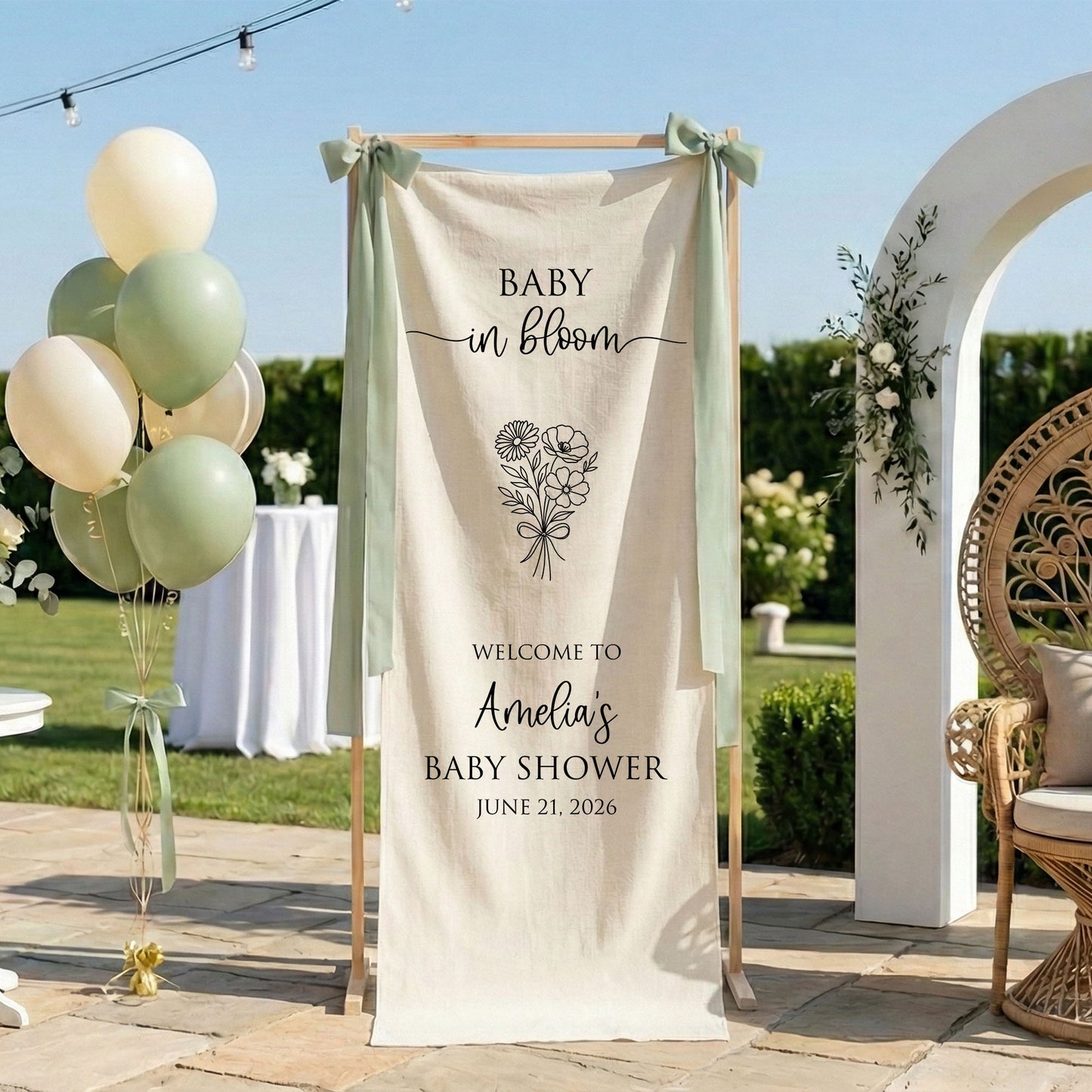 Floral Baby Shower Banner Stand Personalized Custom Name Welcome Sign Linen Baby in Bloom Decor