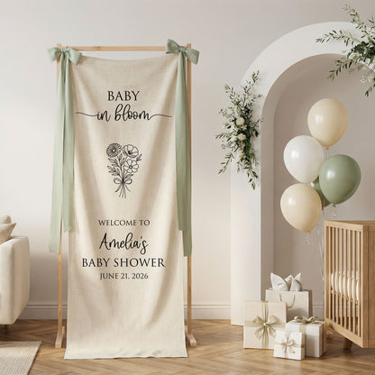 Floral Baby Shower Banner Stand Personalized Custom Name Welcome Sign Linen Baby in Bloom Decor