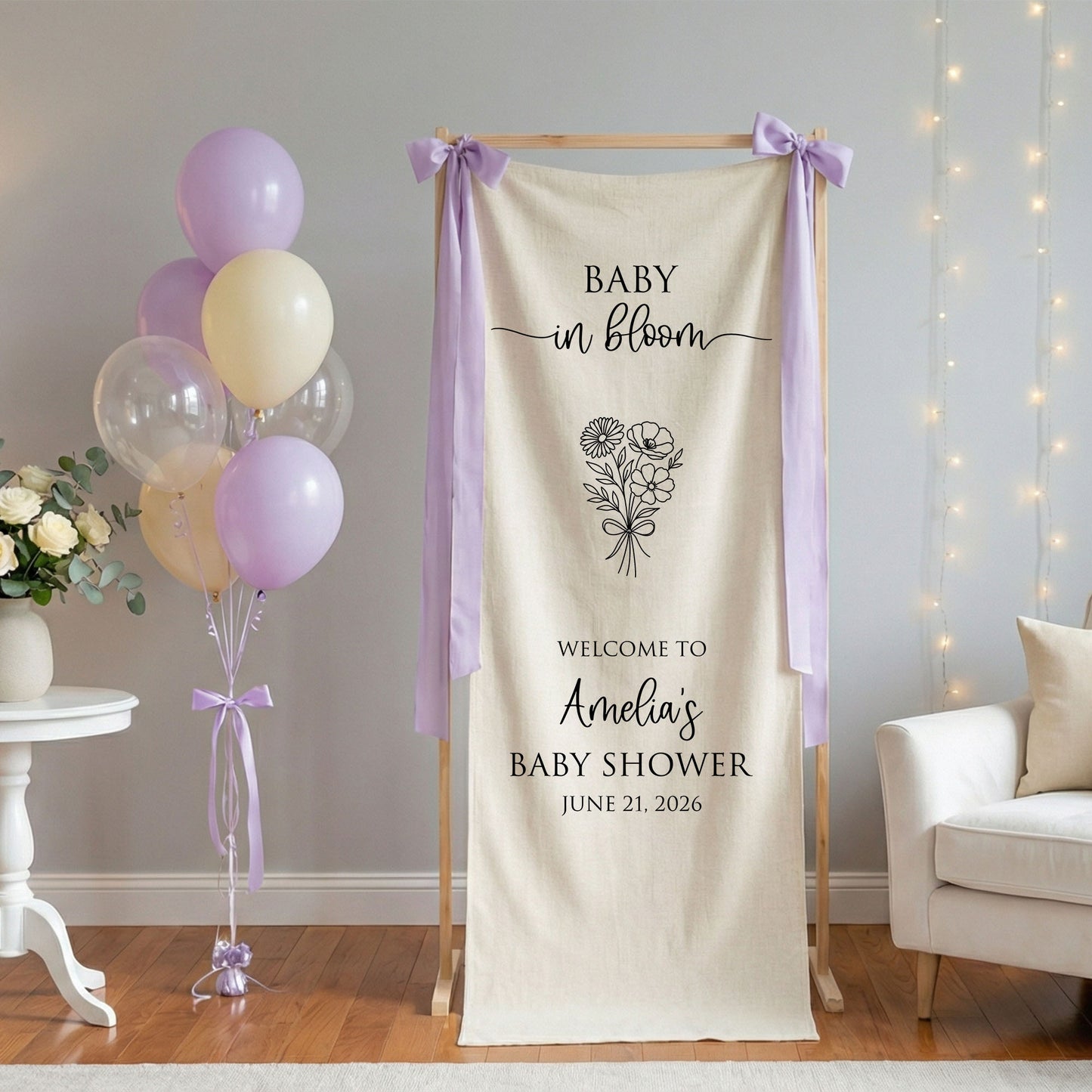Floral Baby Shower Banner Stand Personalized Custom Name Welcome Sign Linen Baby in Bloom Decor