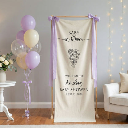 Floral Baby Shower Banner Stand Personalized Custom Name Welcome Sign Linen Baby in Bloom Decor