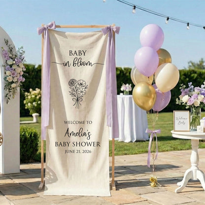 Floral Baby Shower Banner Stand Personalized Custom Name Welcome Sign Linen Baby in Bloom Decor