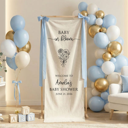 Floral Baby Shower Banner Stand Personalized Custom Name Welcome Sign Linen Baby in Bloom Decor