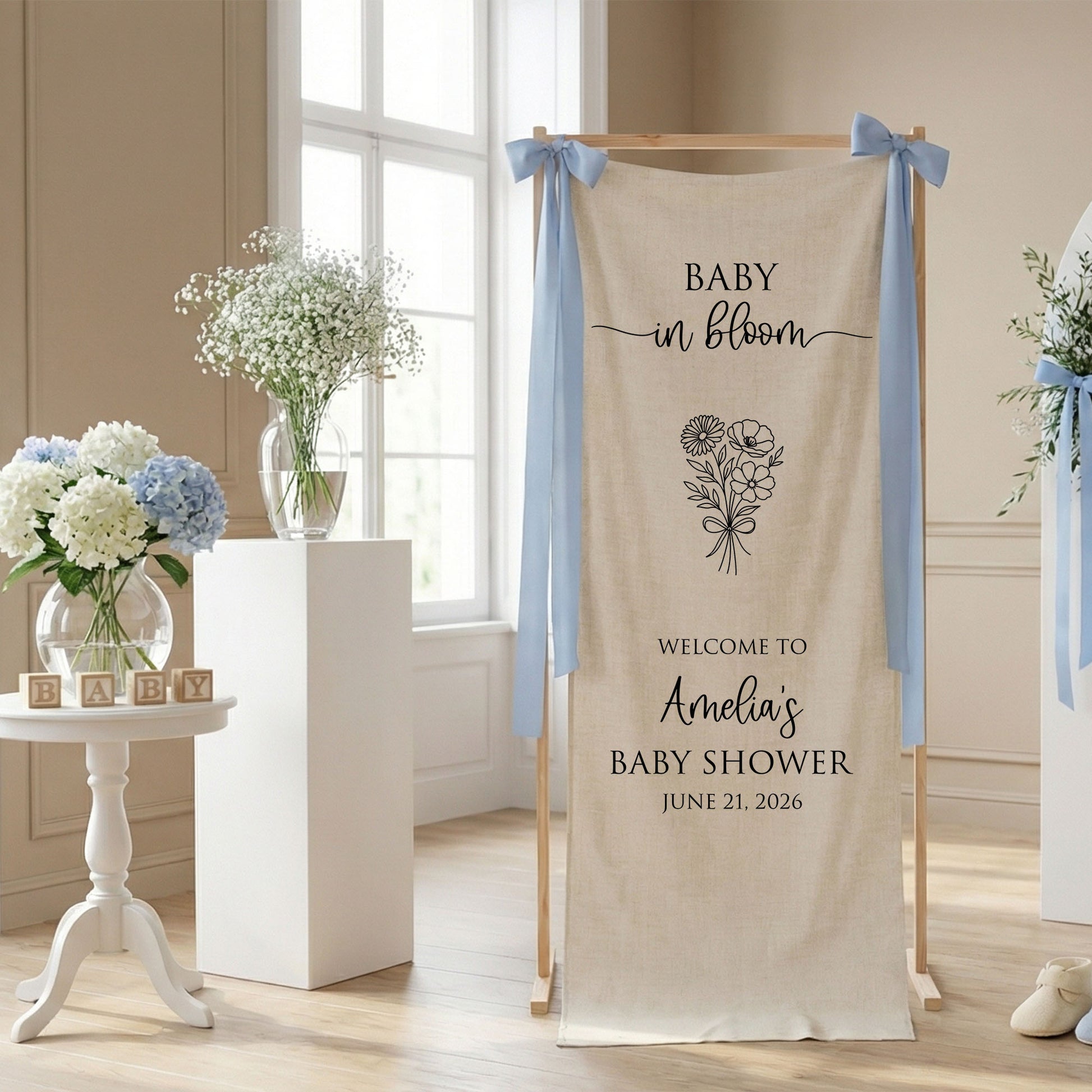 Floral Baby Shower Banner Stand Personalized Custom Name Welcome Sign Linen Baby in Bloom Decor