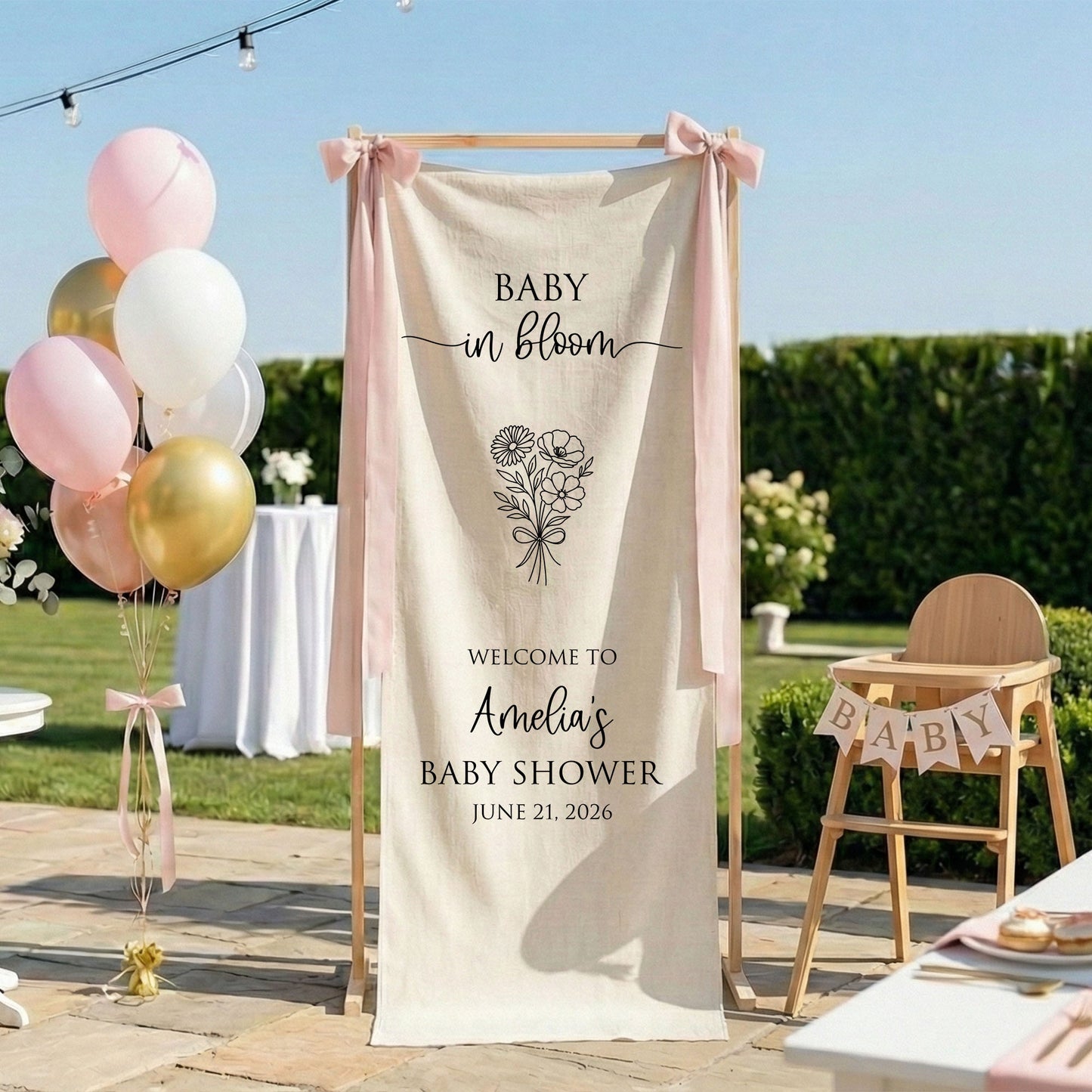 Floral Baby Shower Banner Stand Personalized Custom Name Welcome Sign Linen Baby in Bloom Decor