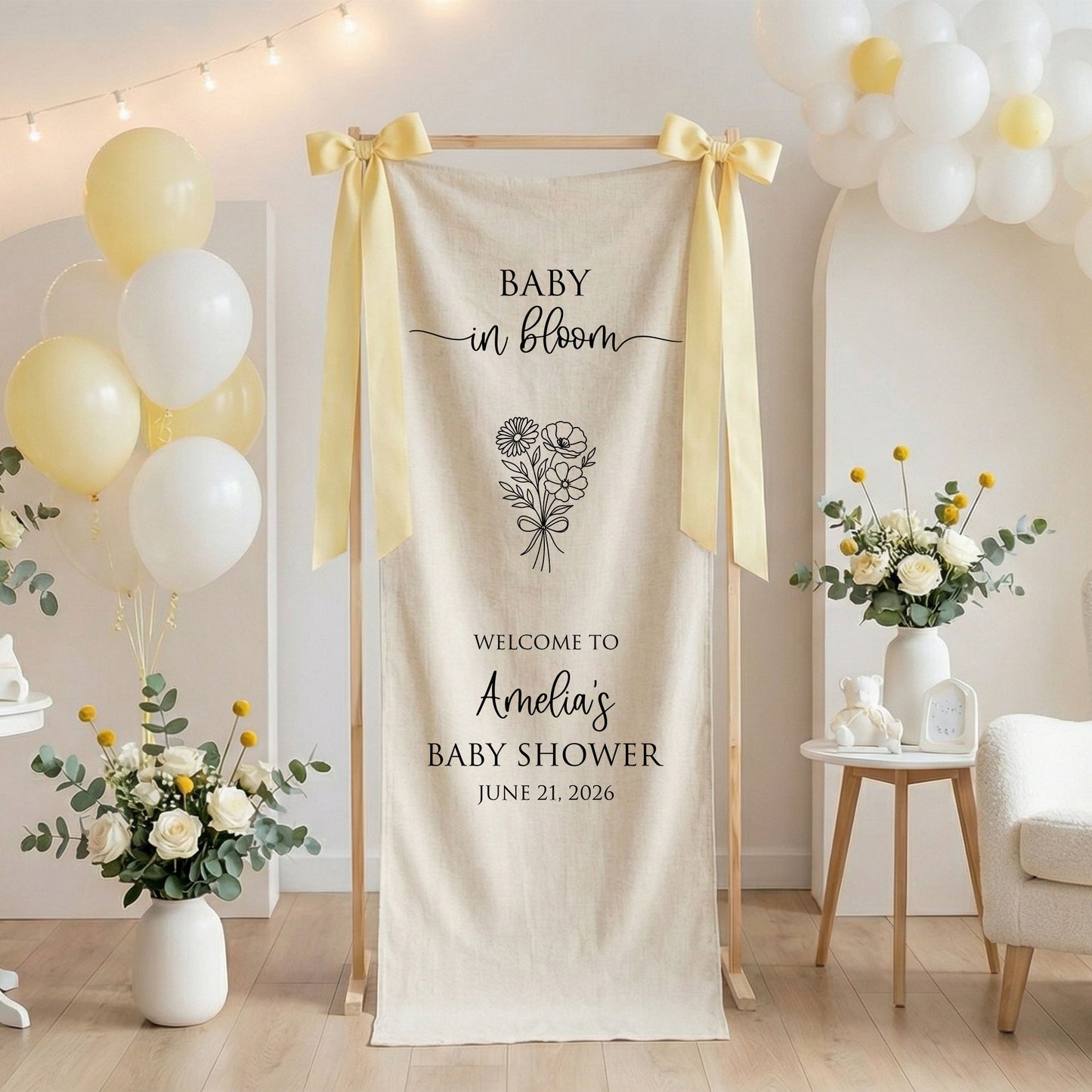 Floral Baby Shower Banner Stand Personalized Custom Name Welcome Sign Linen Baby in Bloom Decor
