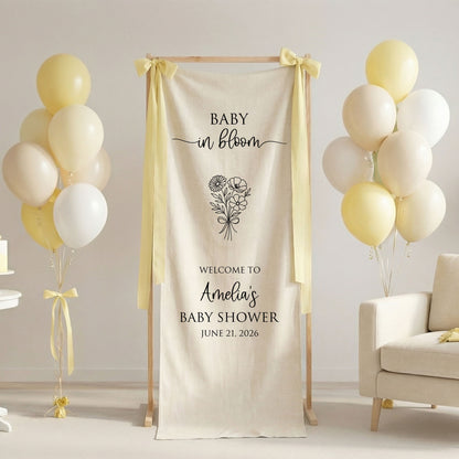 Floral Baby Shower Banner Stand Personalized Custom Name Welcome Sign Linen Baby in Bloom Decor
