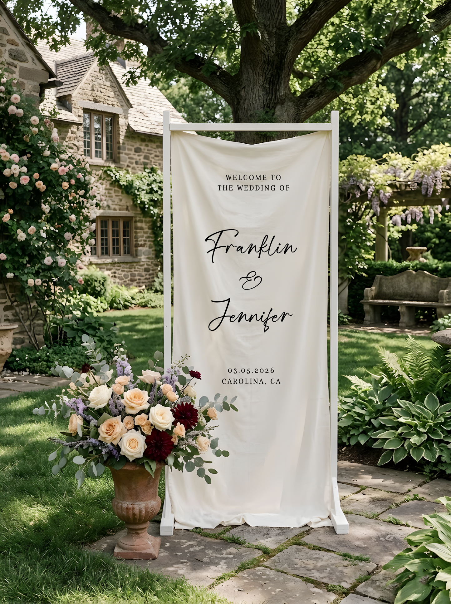 Floral Wedding Welcome Banner Personalized Linen Wedding Backdrop Custom Name Ceremony Decor