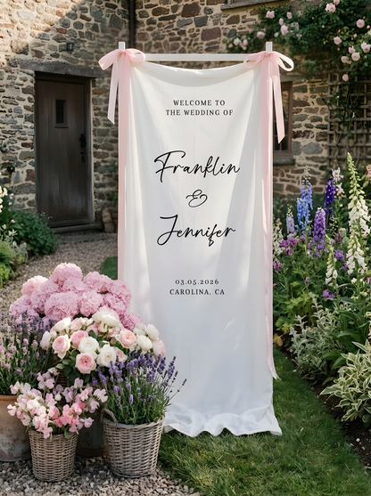 Floral Wedding Welcome Banner Personalized Linen Wedding Backdrop Custom Name Ceremony Decor
