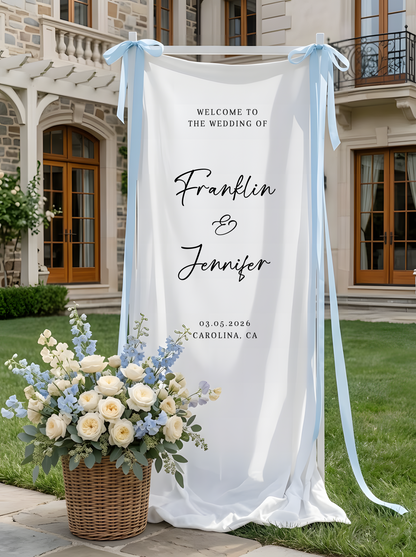 Floral Wedding Welcome Banner Personalized Linen Wedding Backdrop Custom Name Ceremony Decor