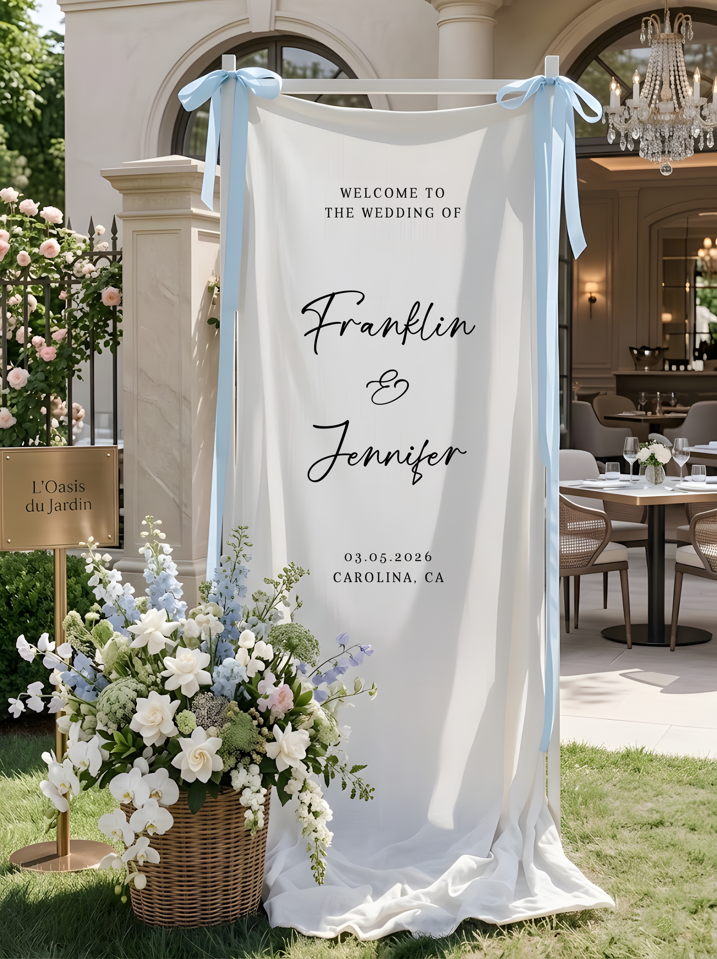 Floral Wedding Welcome Banner Personalized Linen Wedding Backdrop Custom Name Ceremony Decor