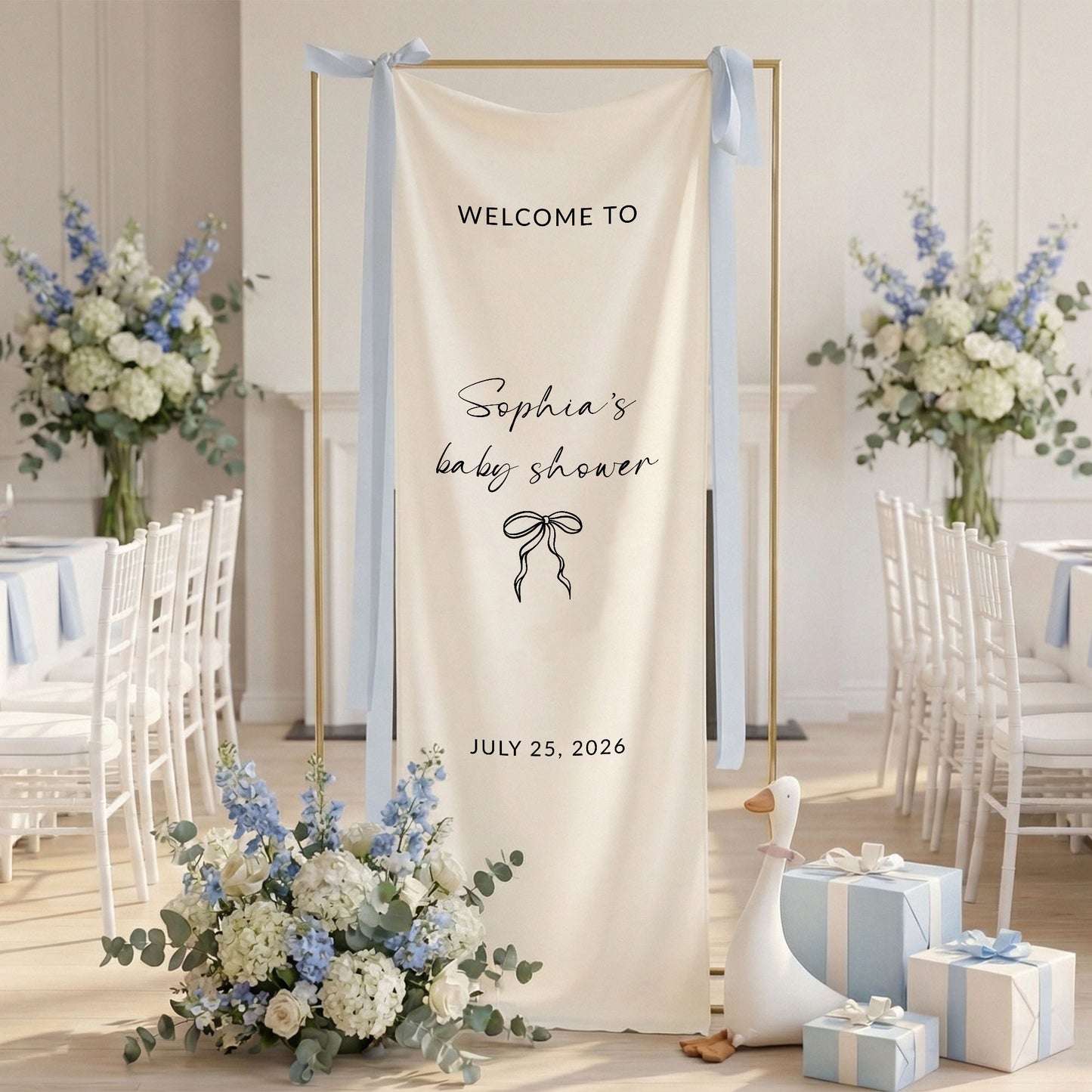 Minimalist Baby Shower Welcome Banner Personalized Custom Name Baby Shower Backdrop Linen Party Sign