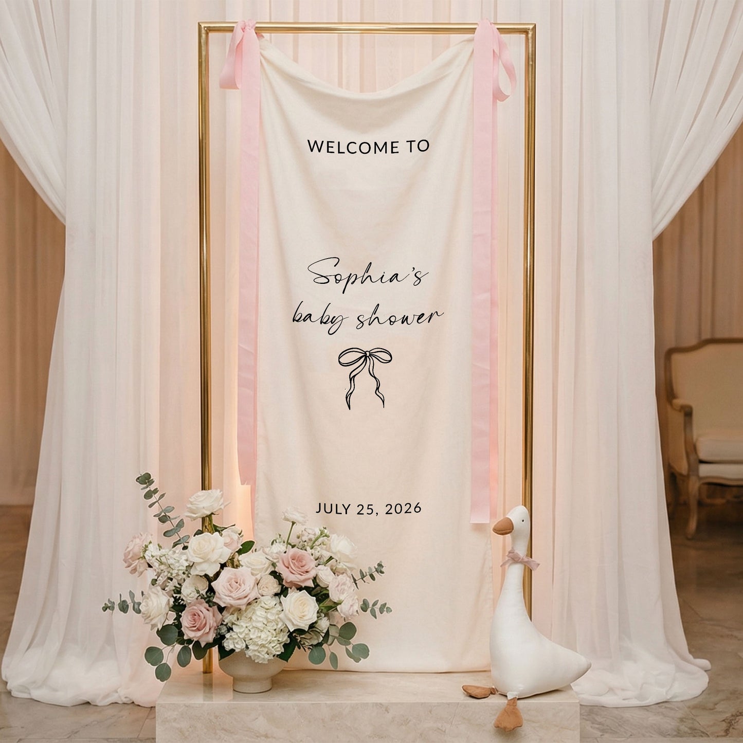 Minimalist Baby Shower Welcome Banner Personalized Custom Name Baby Shower Backdrop Linen Party Sign