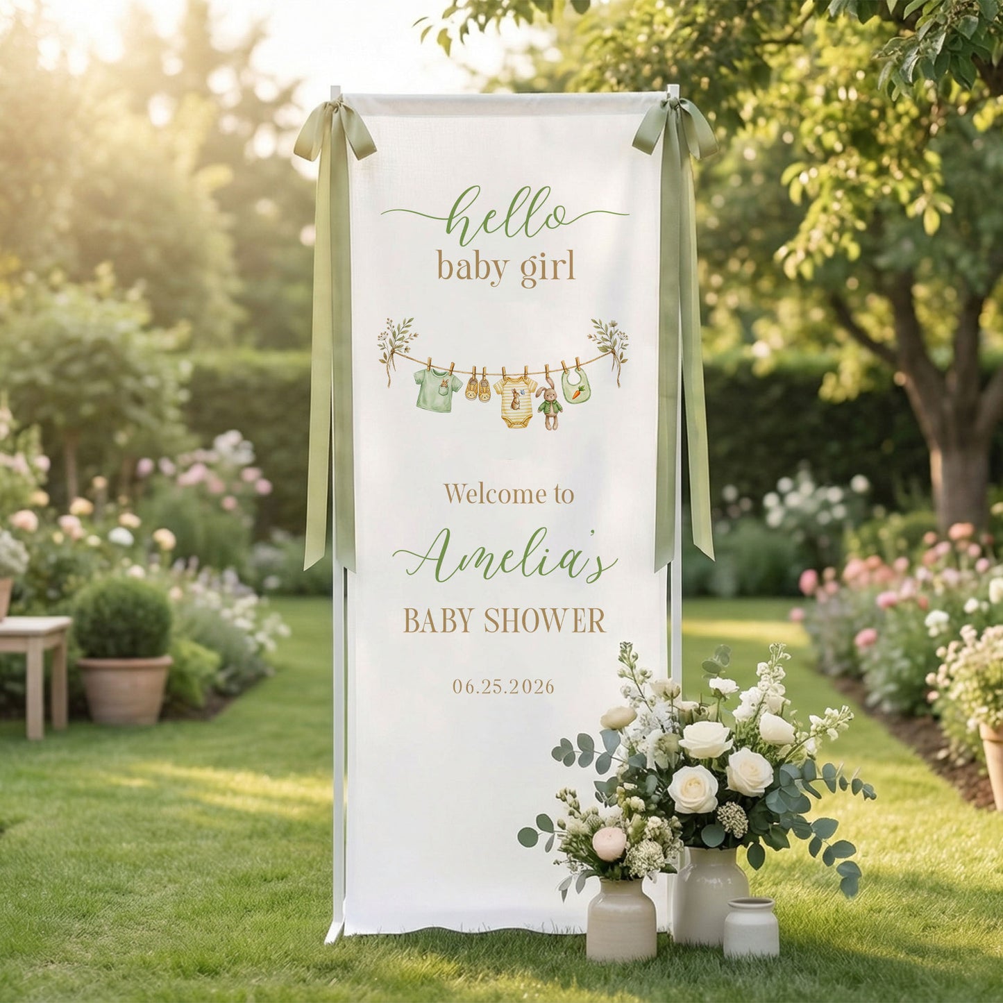 Floral Baby Girl Shower Banner Stand Personalized Custom Name Hello Baby Girl Welcome Sign Decor - Baby Shower