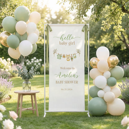 Floral Baby Girl Shower Banner Stand Personalized Custom Name Hello Baby Girl Welcome Sign Decor - Baby Shower