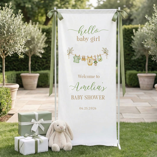 Floral Baby Girl Shower Banner Stand Personalized Custom Name Hello Baby Girl Welcome Sign Decor