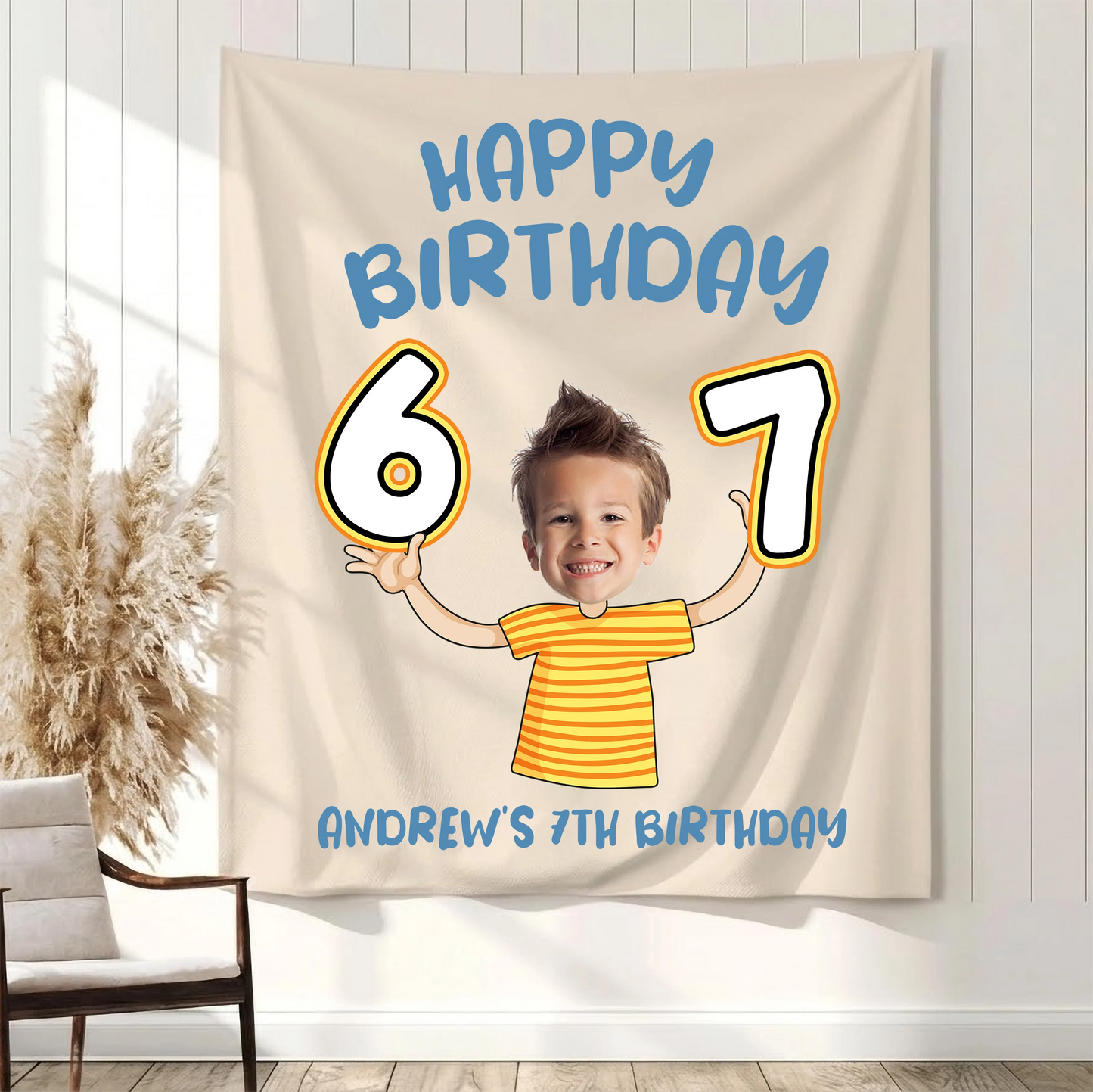 Custom Photo 7th Birthday Tapestry Banner Personalized Kids Birthday Backdrop Party Decor