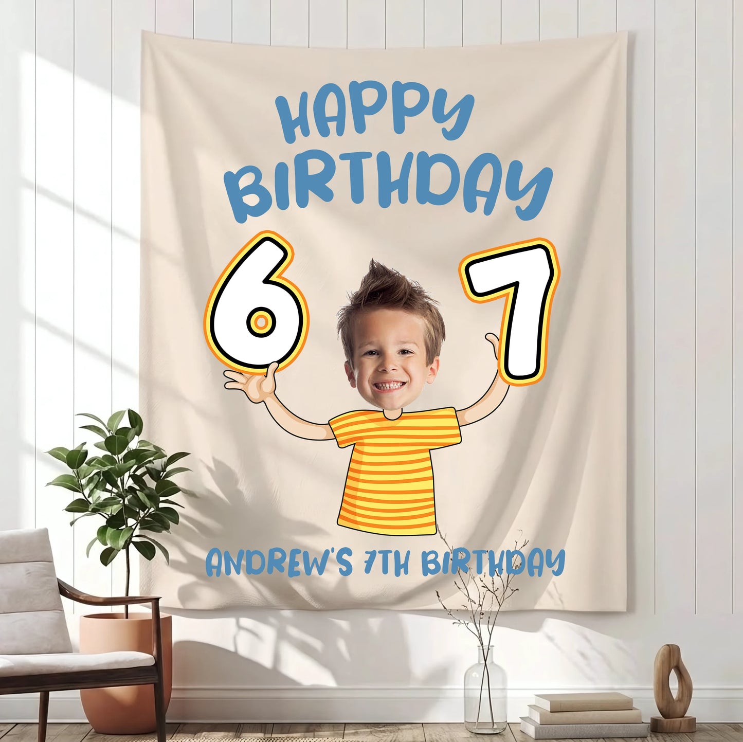 Custom Photo 7th Birthday Tapestry Banner Personalized Kids Birthday Backdrop Party Decor