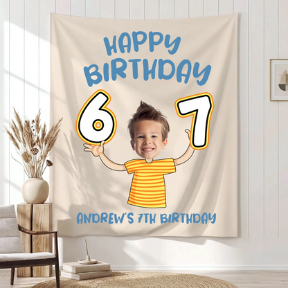 Custom Photo 7th Birthday Tapestry Banner Personalized Kids Birthday Backdrop Party Decor