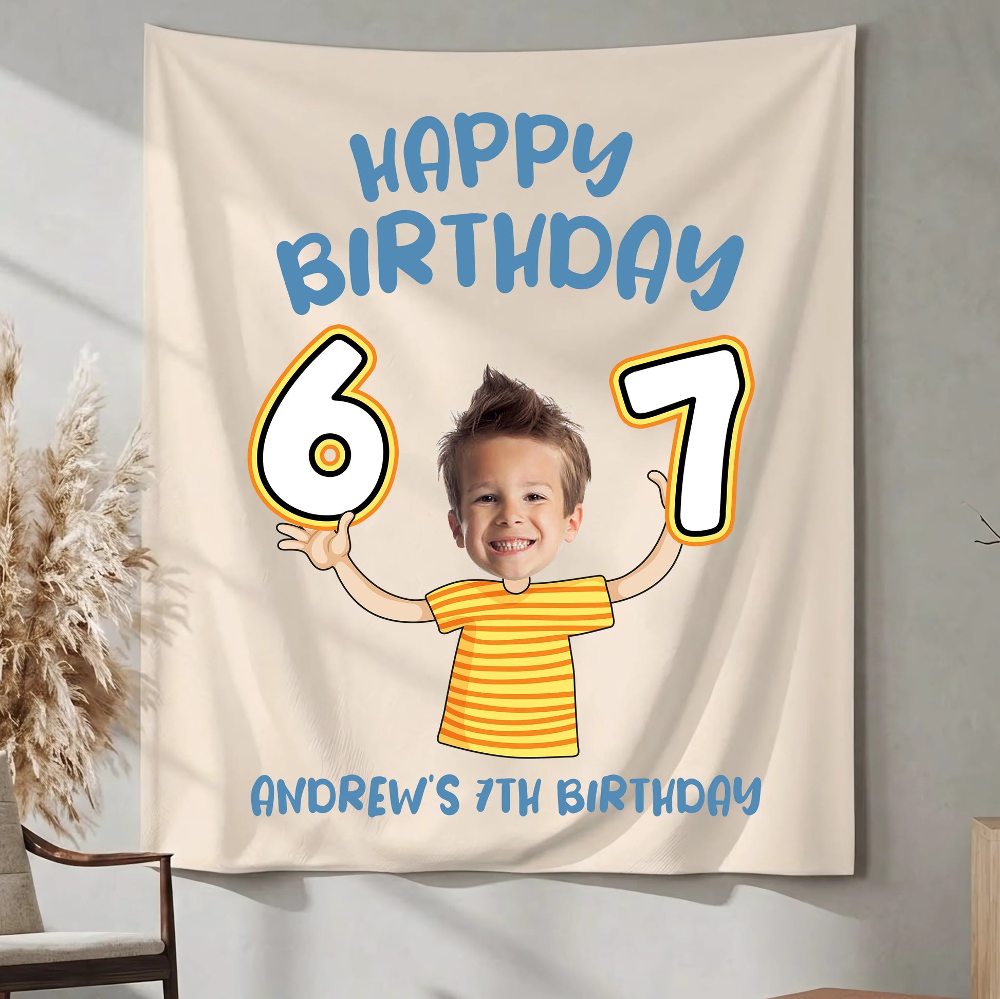 Custom Photo 7th Birthday Tapestry Banner Personalized Kids Birthday Backdrop Party Decor