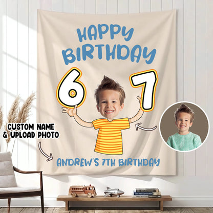 Custom Photo 7th Birthday Tapestry Banner Personalized Kids Birthday Backdrop Party Decor