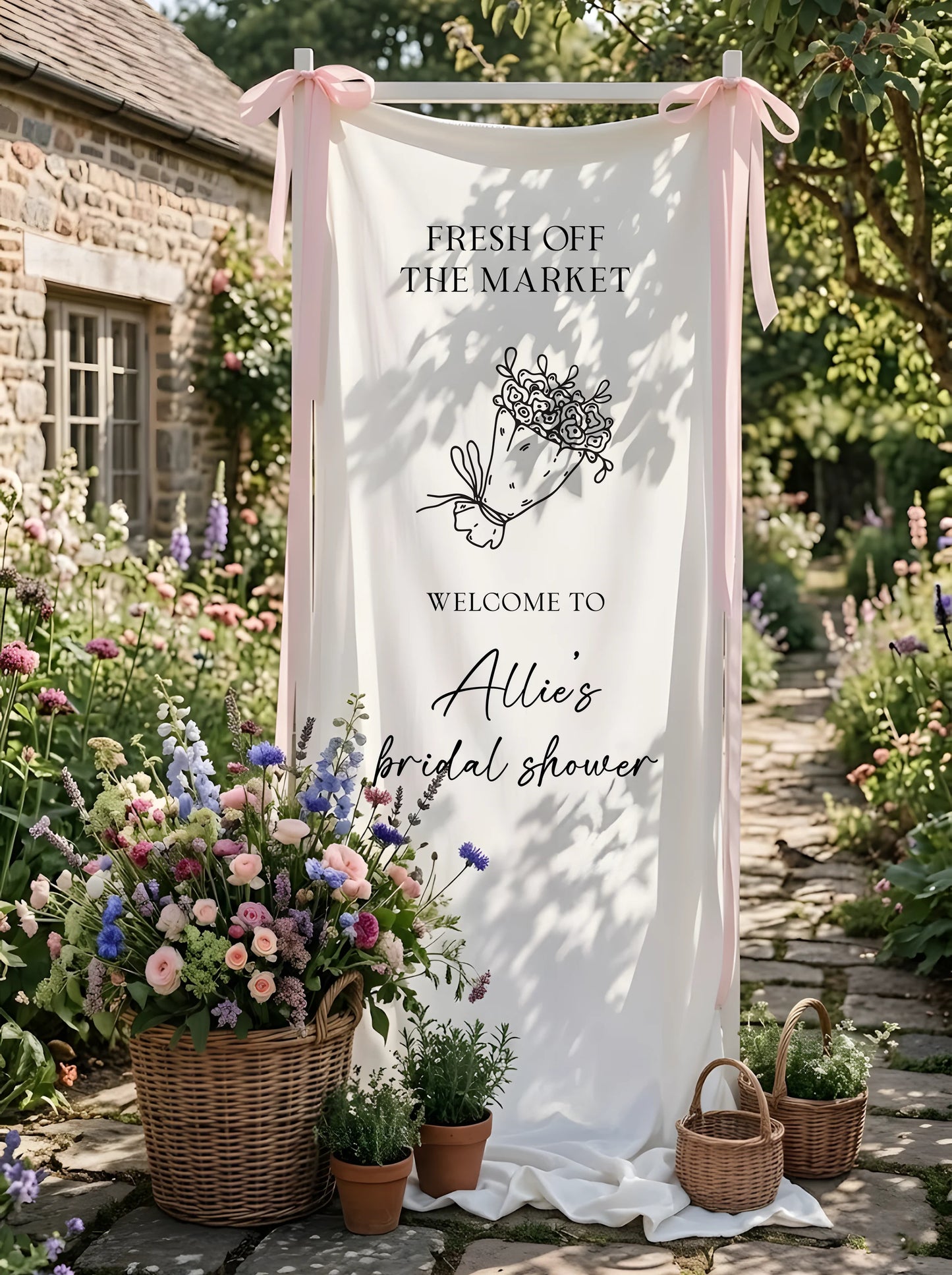 Floral Bridal Shower Banner Personalized Custom Name Fresh Off the Market Welcome Sign Decor