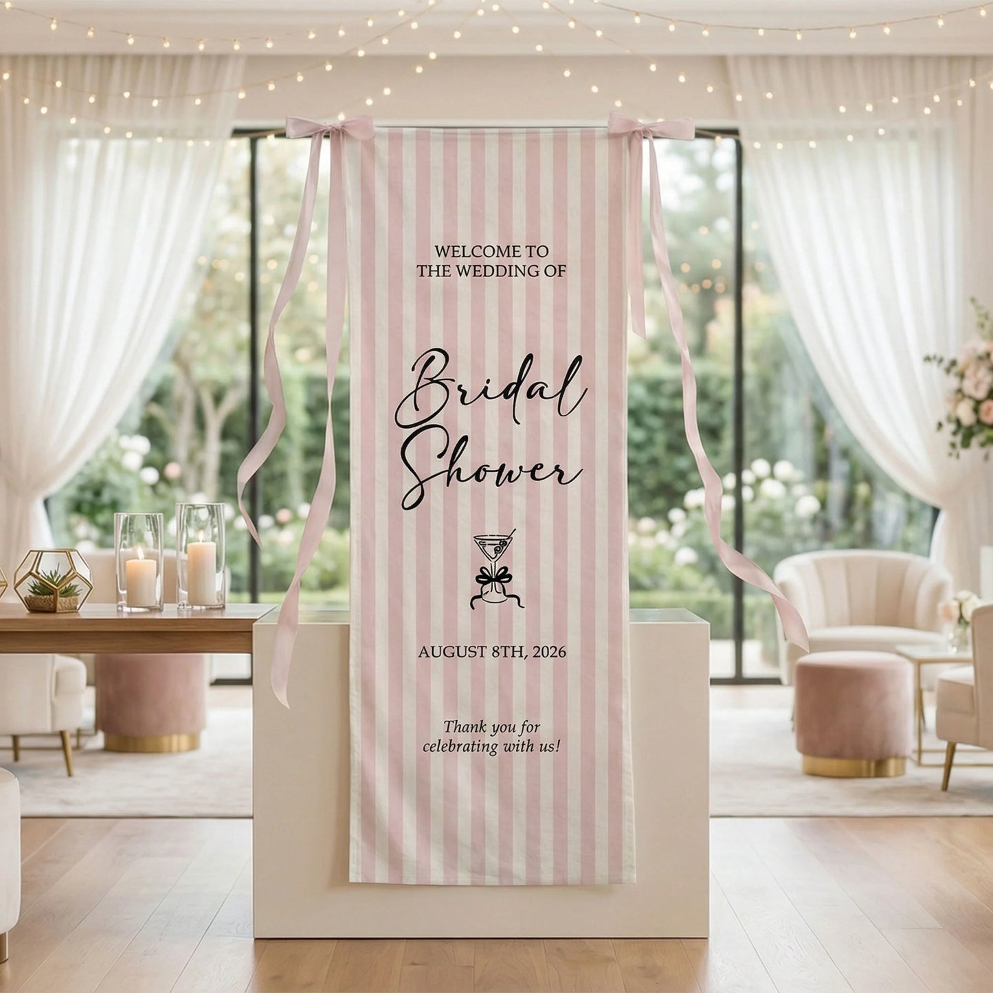 Coquette Bridal Shower Banner Stand Personalized Custom Name Pink Stripe Welcome Sign Party Decor