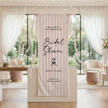 Coquette Bridal Shower Banner Stand Personalized Custom Name Pink Stripe Welcome Sign Party Decor