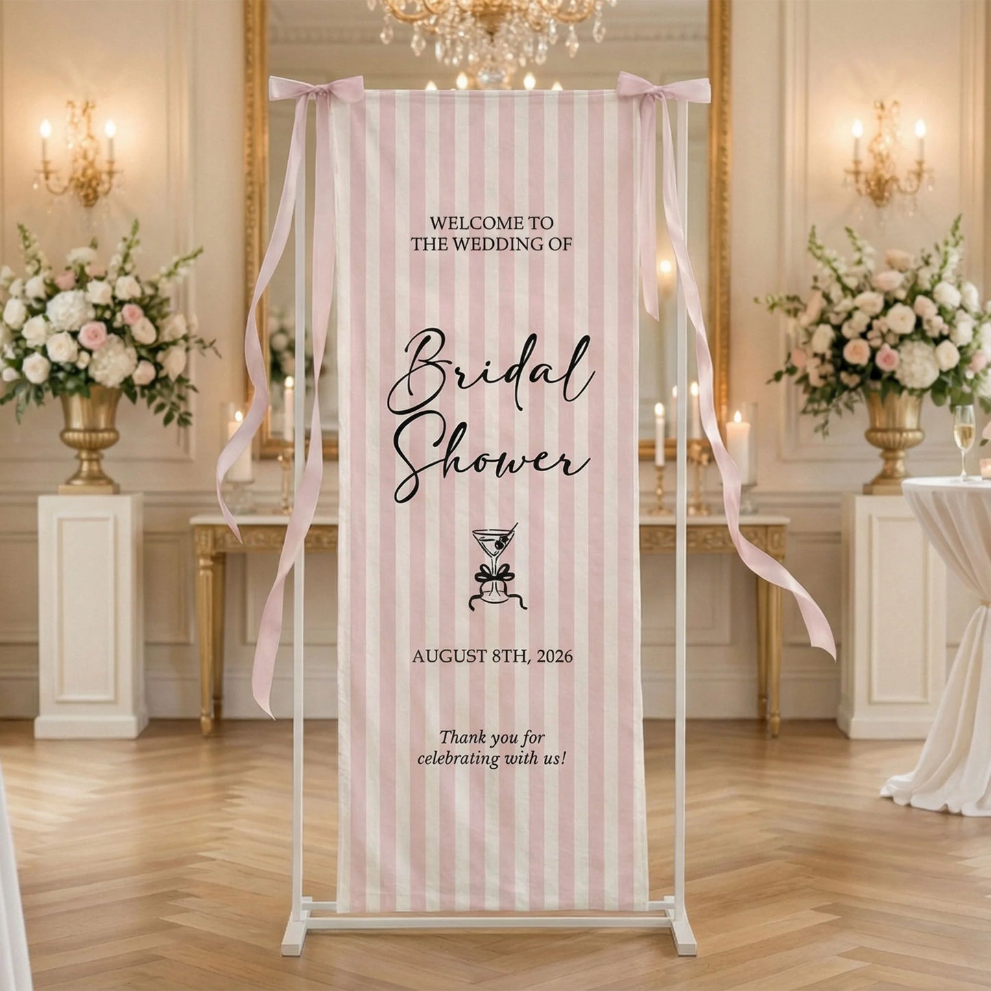 Coquette Bridal Shower Banner Stand Personalized Custom Name Pink Stripe Welcome Sign Party Decor