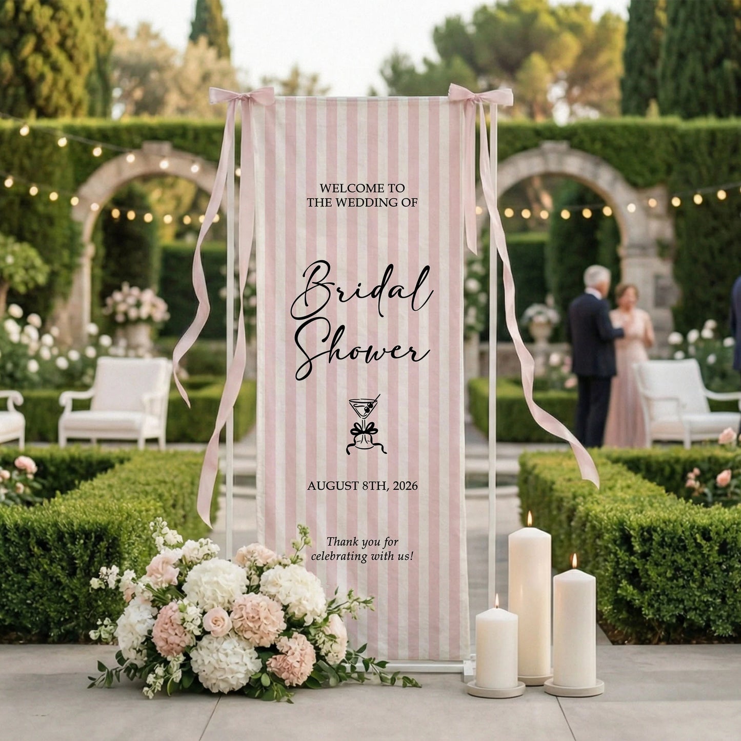 Coquette Bridal Shower Banner Stand Personalized Custom Name Pink Stripe Welcome Sign Party Decor