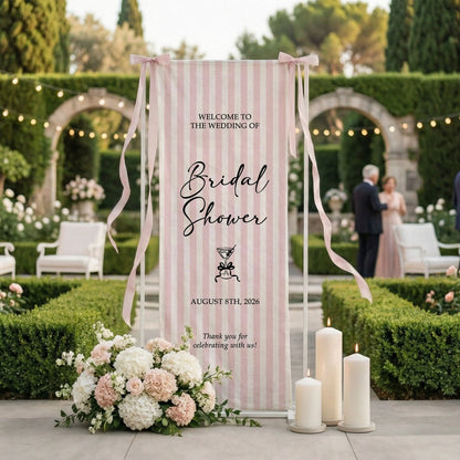 Coquette Bridal Shower Banner Stand Personalized Custom Name Pink Stripe Welcome Sign Party Decor