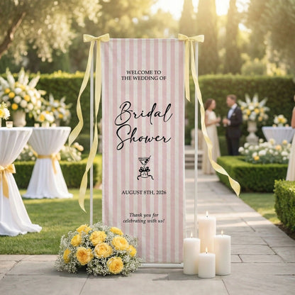 Coquette Bridal Shower Banner Stand Personalized Custom Name Pink Stripe Welcome Sign Party Decor