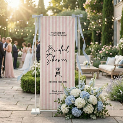 Coquette Bridal Shower Banner Stand Personalized Custom Name Pink Stripe Welcome Sign Party Decor
