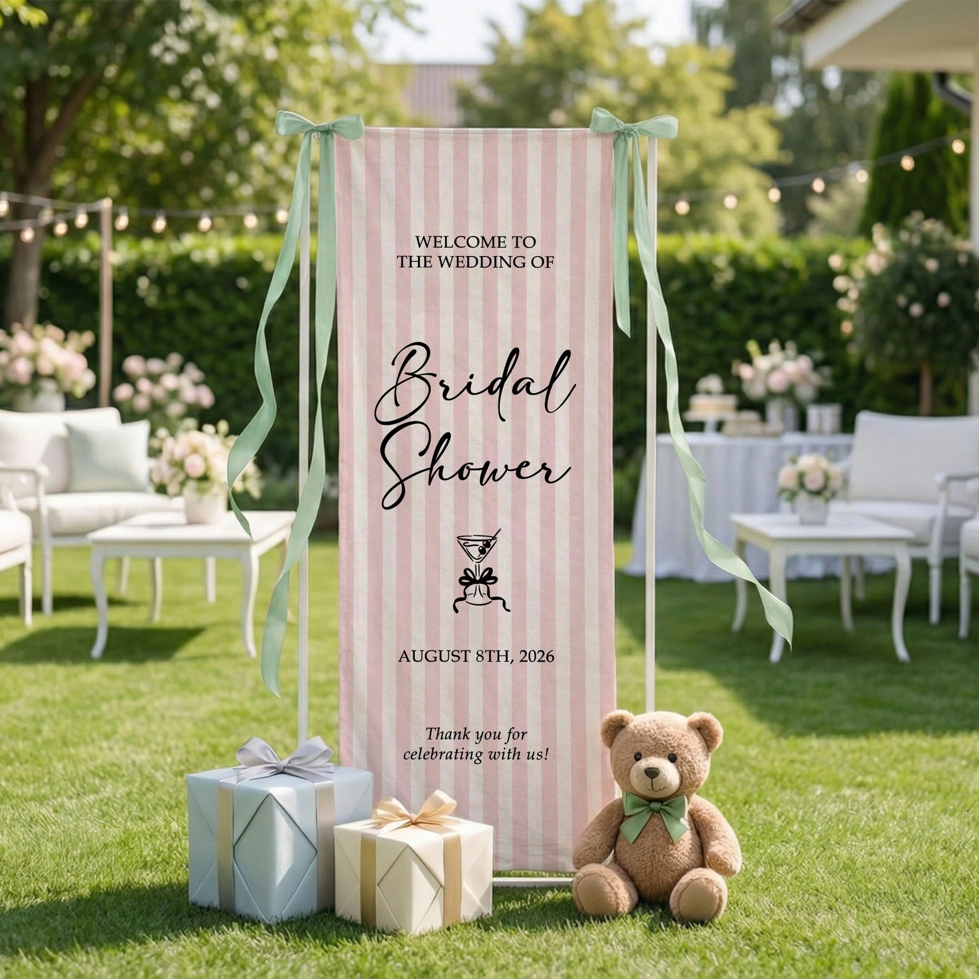 Coquette Bridal Shower Banner Stand Personalized Custom Name Pink Stripe Welcome Sign Party Decor