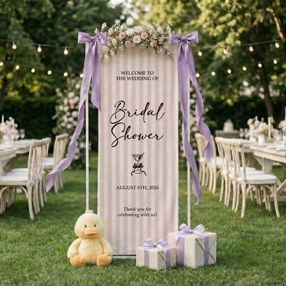 Coquette Bridal Shower Banner Stand Personalized Custom Name Pink Stripe Welcome Sign Party Decor