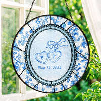 Floral Wedding Suncatcher Personalized - Blue Toile Engagement Keepsake