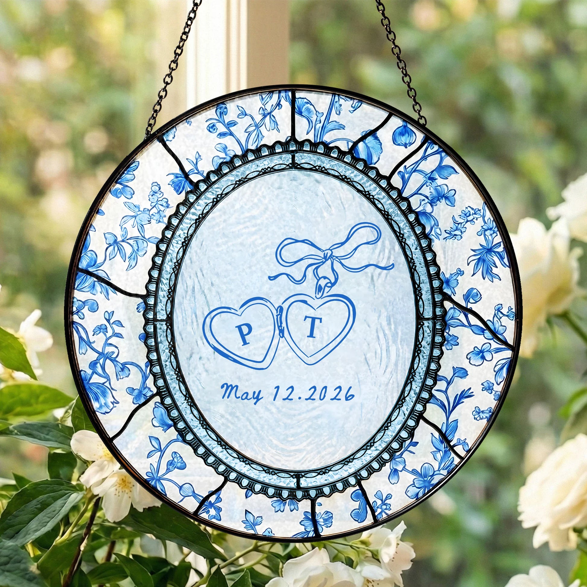 Floral Wedding Suncatcher Personalized - Blue Toile Engagement Keepsake
