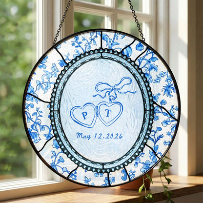 Floral Wedding Suncatcher Personalized - Blue Toile Engagement Keepsake