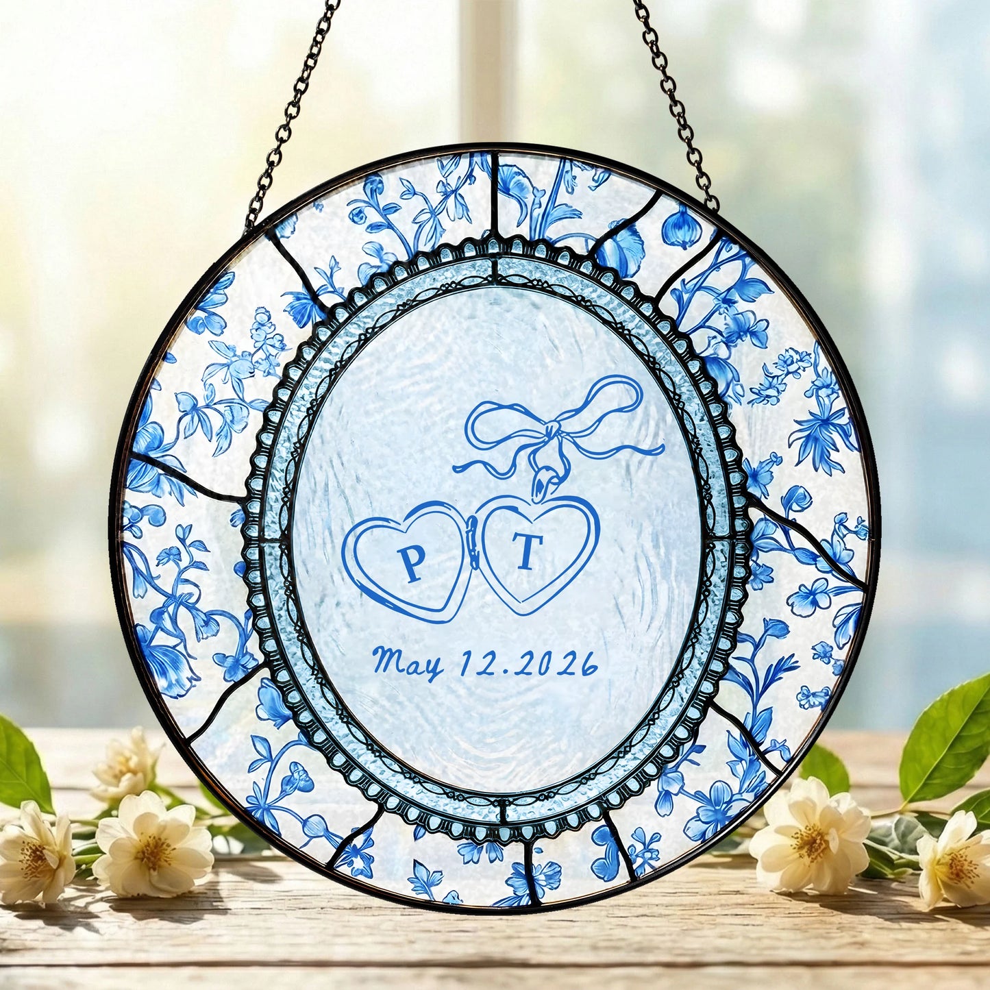 Floral Wedding Suncatcher Personalized - Blue Toile Engagement Keepsake