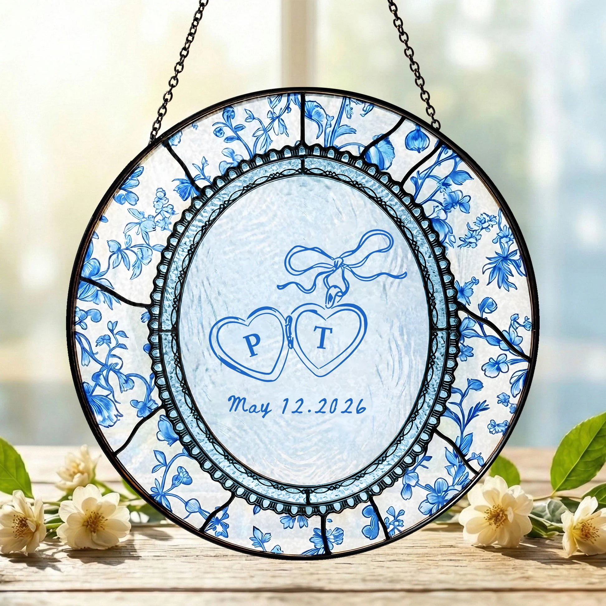 Floral Wedding Suncatcher Personalized - Blue Toile Engagement Keepsake