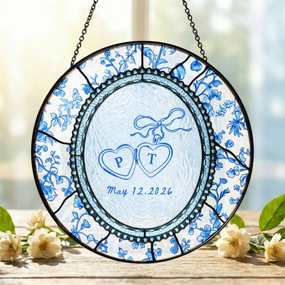 Floral Wedding Suncatcher Personalized - Blue Toile Engagement Keepsake