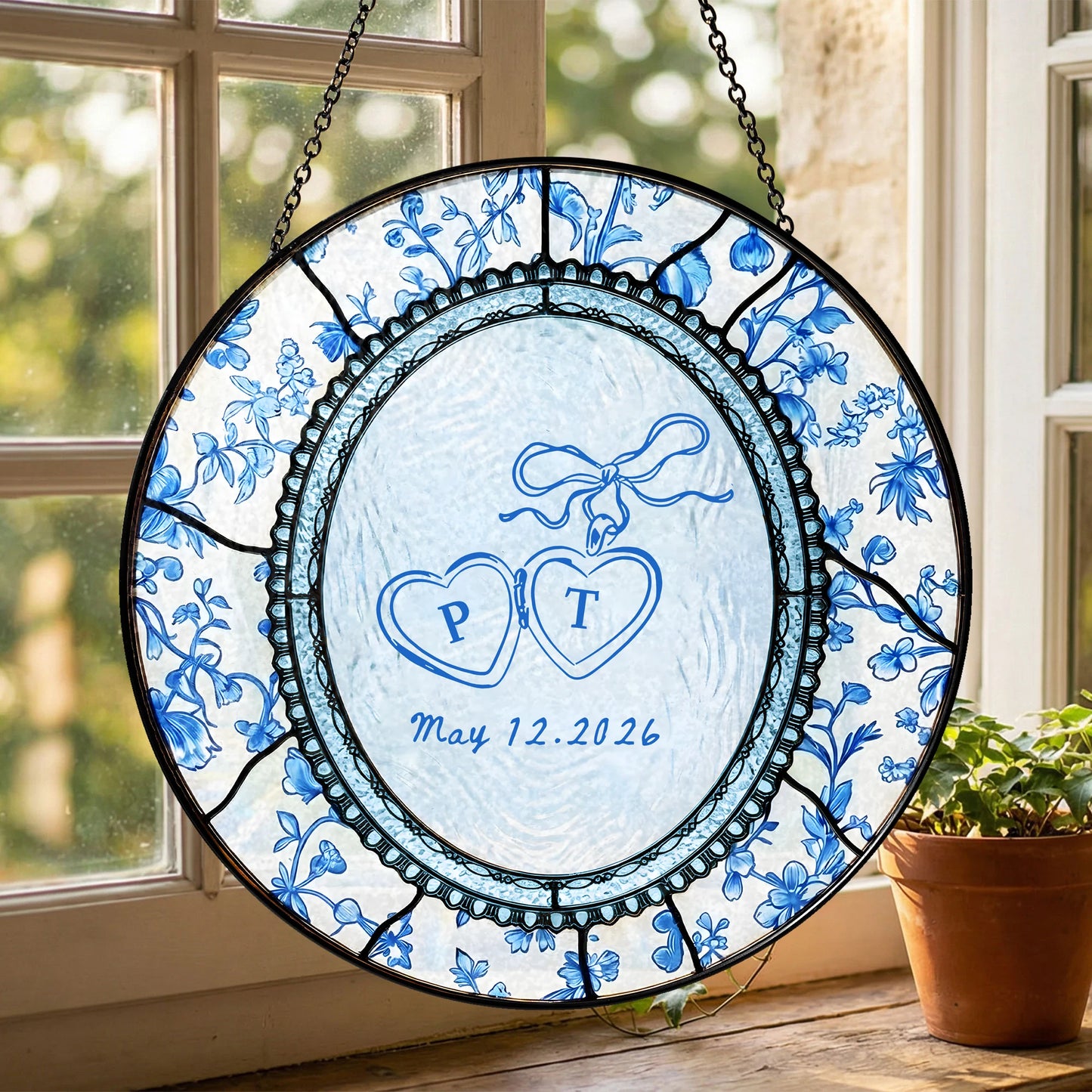 Floral Wedding Suncatcher Personalized - Blue Toile Engagement Keepsake