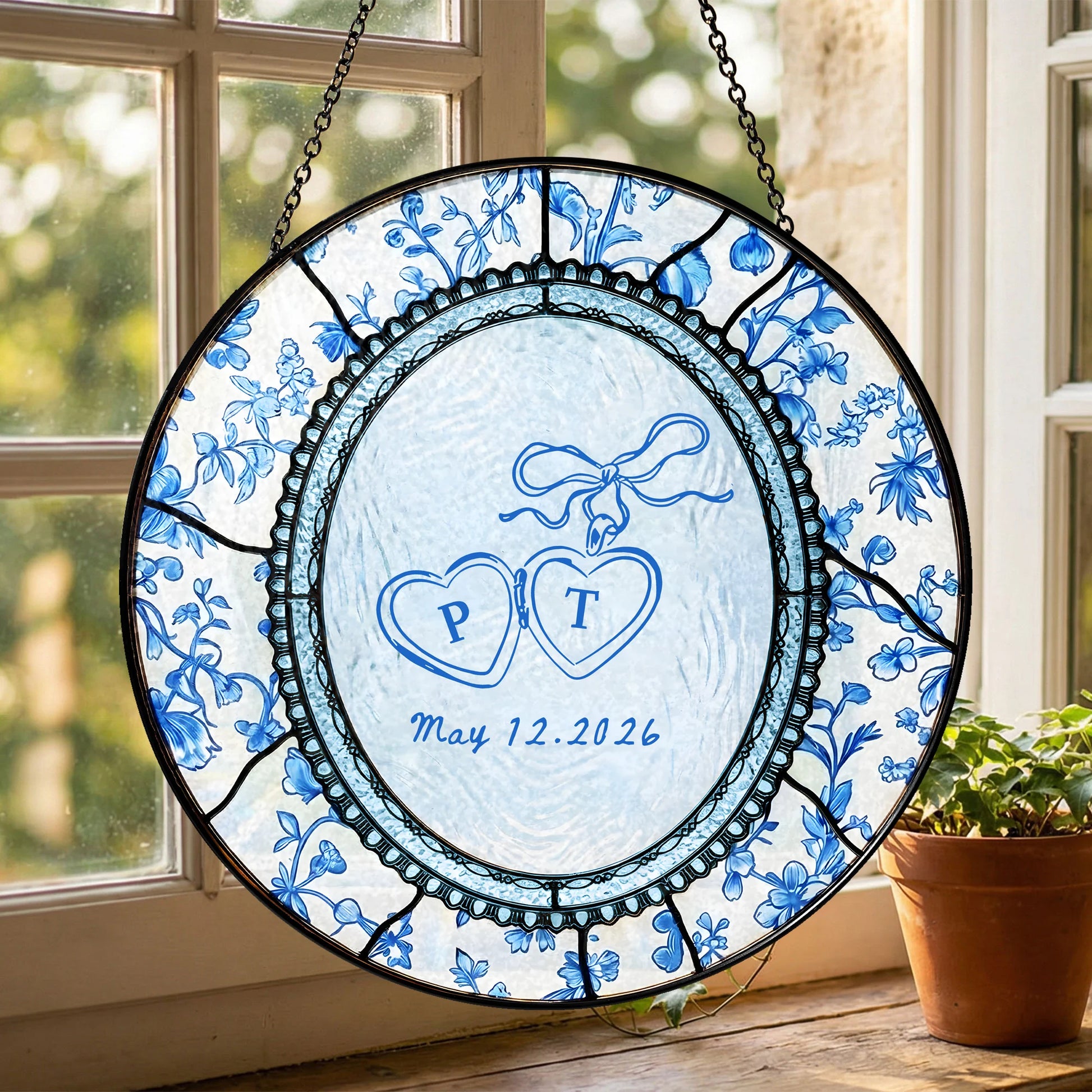 Floral Wedding Suncatcher Personalized - Blue Toile Engagement Keepsake